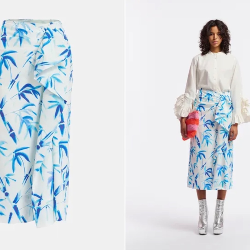 Essential Antwerp - Off-white cotton draped midi skirt with palm leaf print- NWT